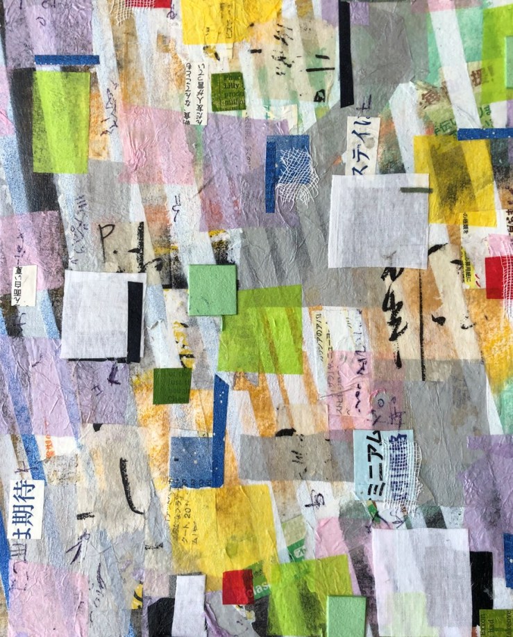 A collage of lightly colored tissue paper and printed Mandarin and other scripts.