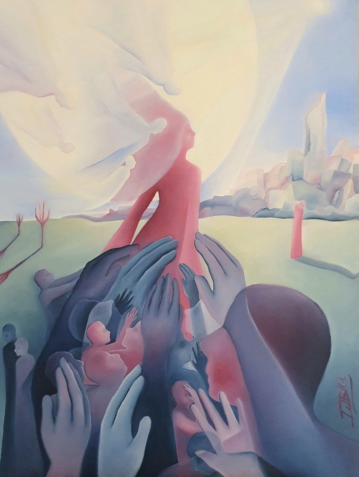 A muted-tuned painting of a pink figure crossing a plain, touched by many large hands and other figures at the base of the painting.