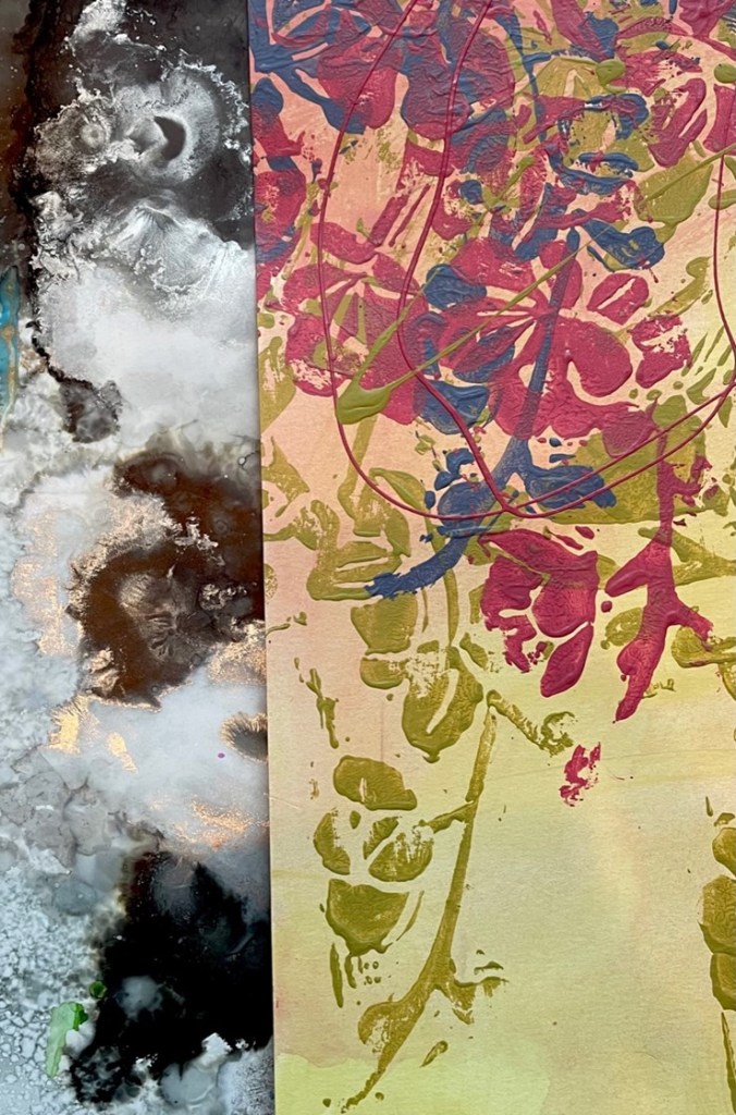 A collaged abstract painting of flowers and a marbled background.