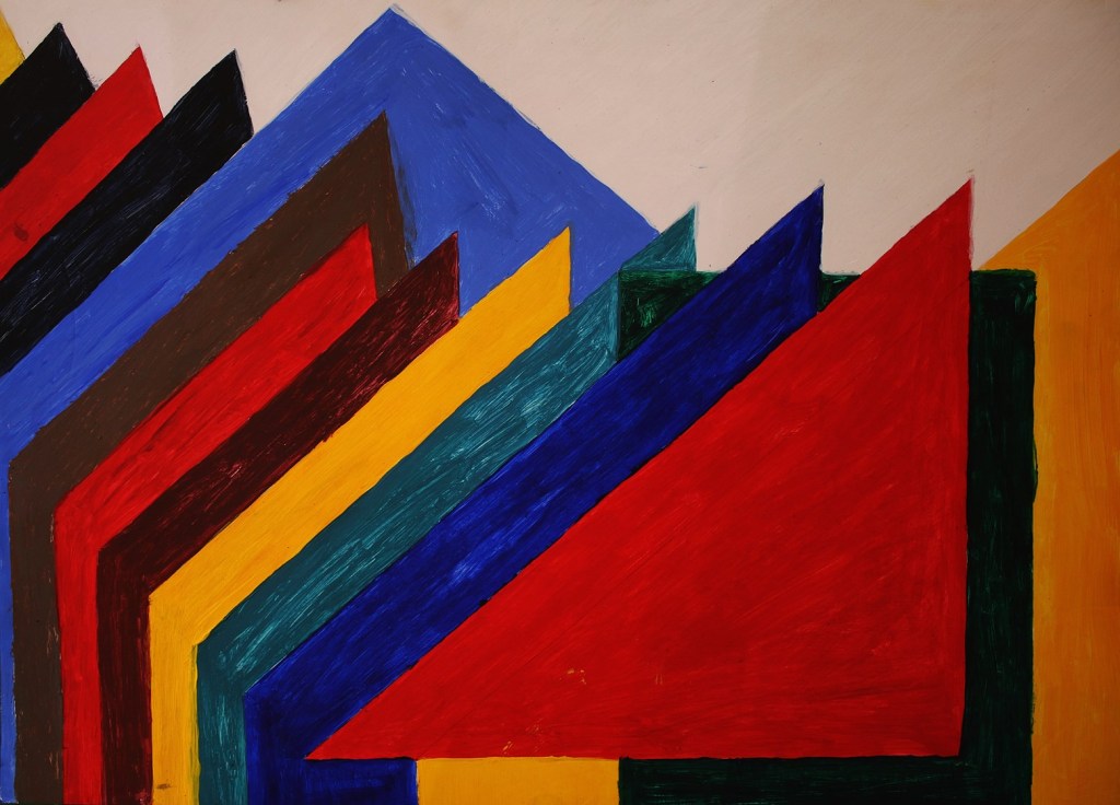 A painting of overlapping multicolored triangles.