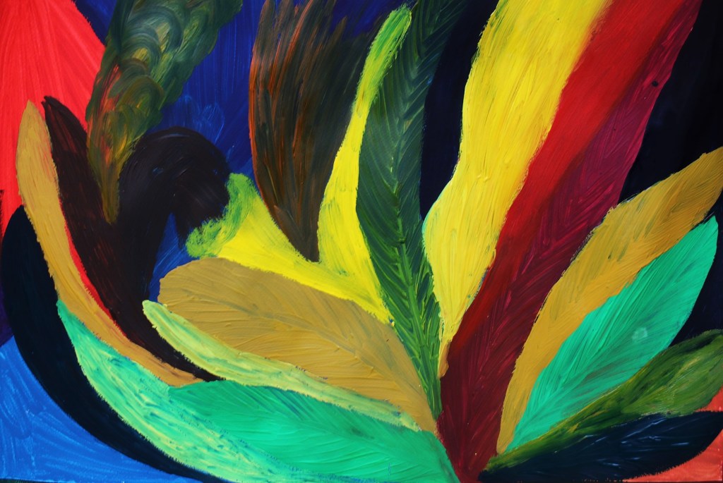An abstract painting of bright and muted colors in a leaf-like pattern.
