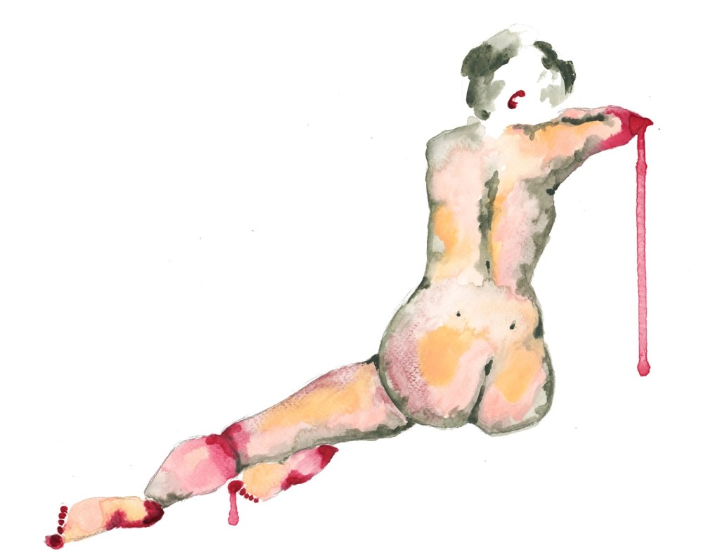 A painting of a nude white woman's back. Her joints are red.