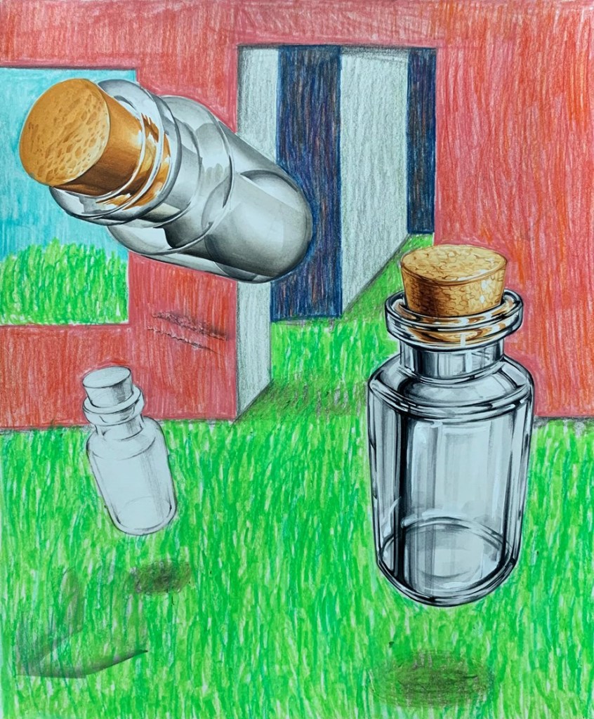 An illustration of an interior with glass bottles floating in the foreground.