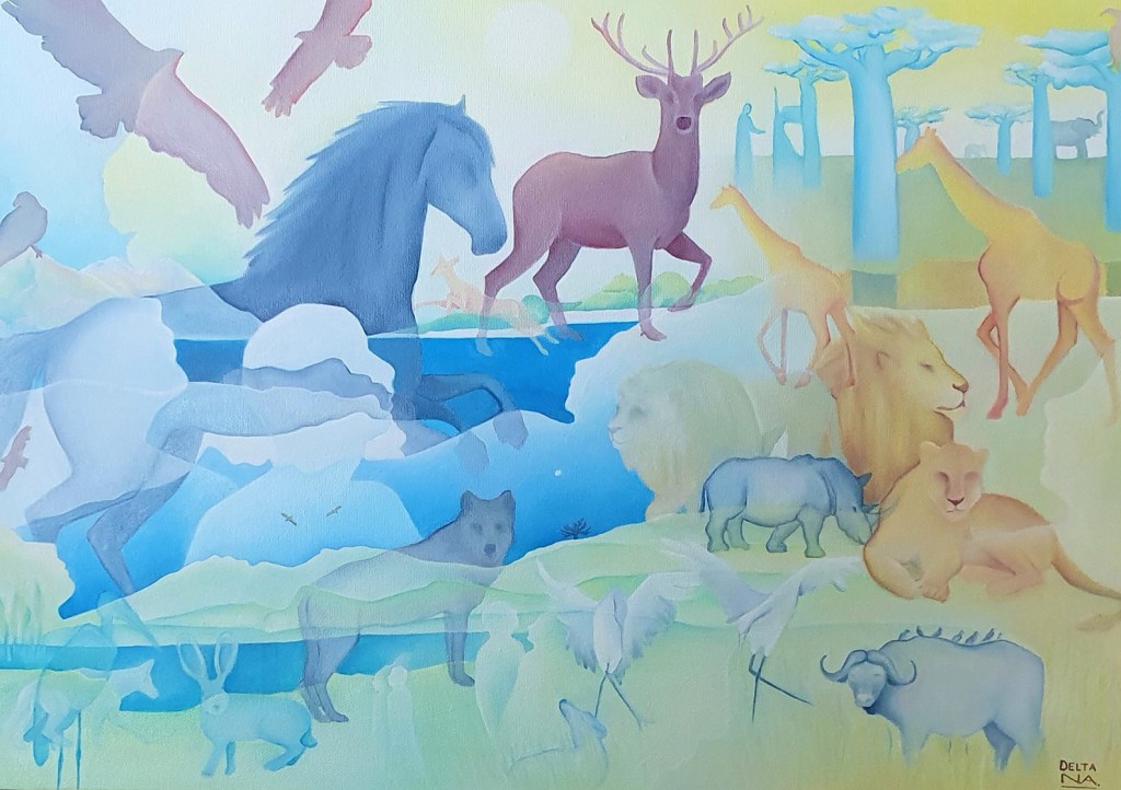 An illustration of pastel, transparent animals crossing a plain.