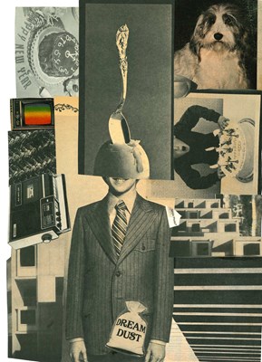 A black-and-white collage of a man with a spoon sticking out of an egg for his head.