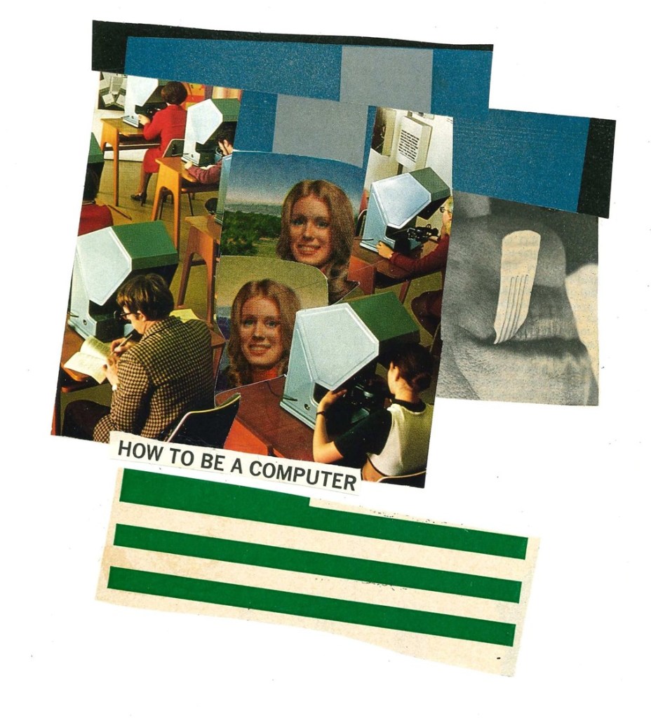 A brightly colored collage featuring various men and women at office desks with old computers.