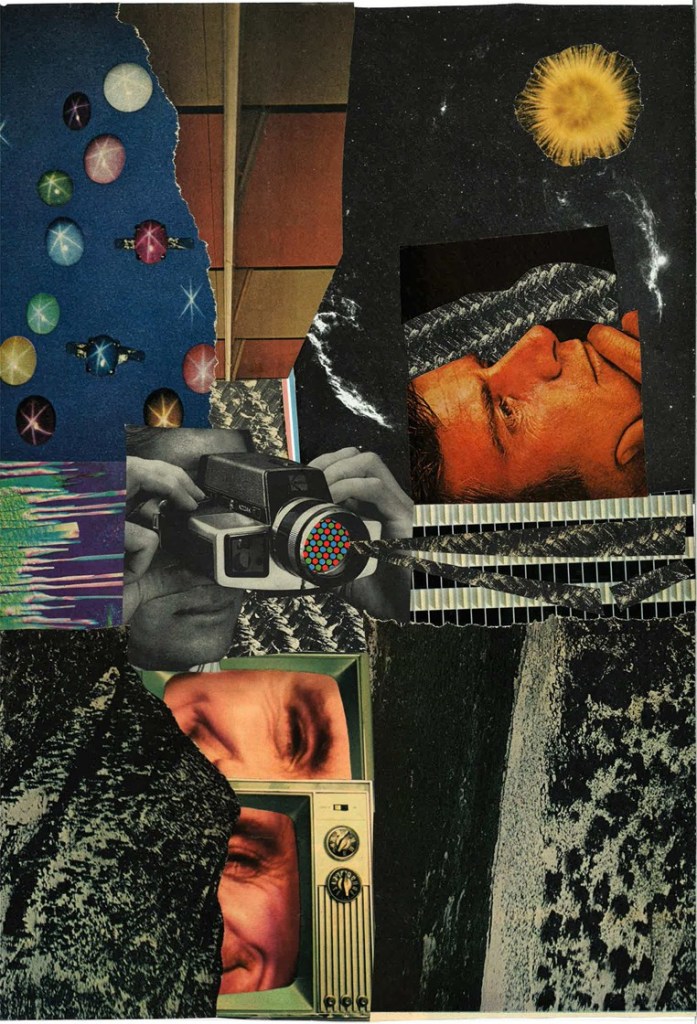 A collage of a man looking through a camera, and a man in a television screen. the background is busy and muted.