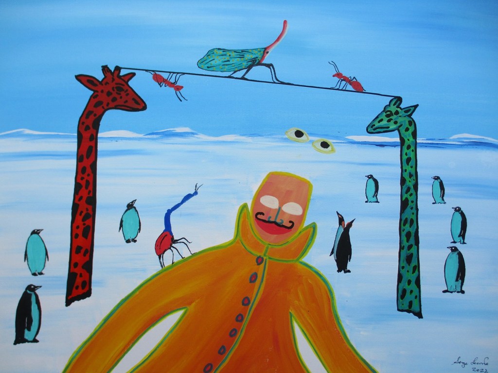 A painting of an icy landscape filled with penguins, two giraffes, insects, and an orange man in the foreground.