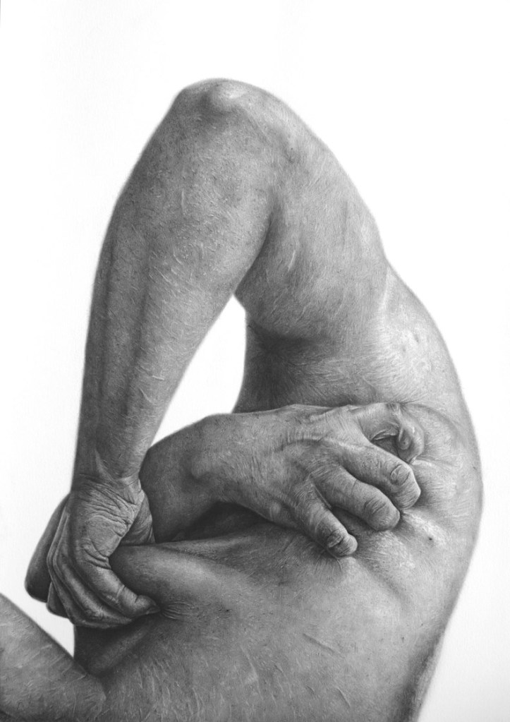 A realistic graphite drawing of a scarred arm grabbing itself.