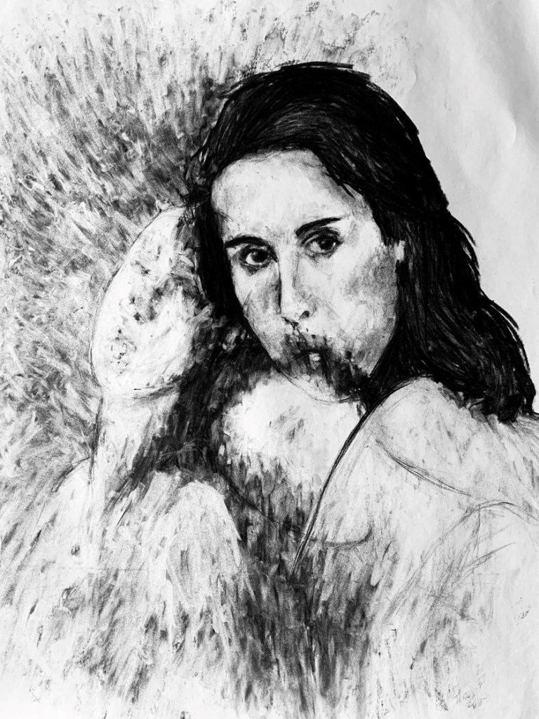 A charcoal portrait of a woman gazing at the viewer. Two other figures lay tiredly across her face.