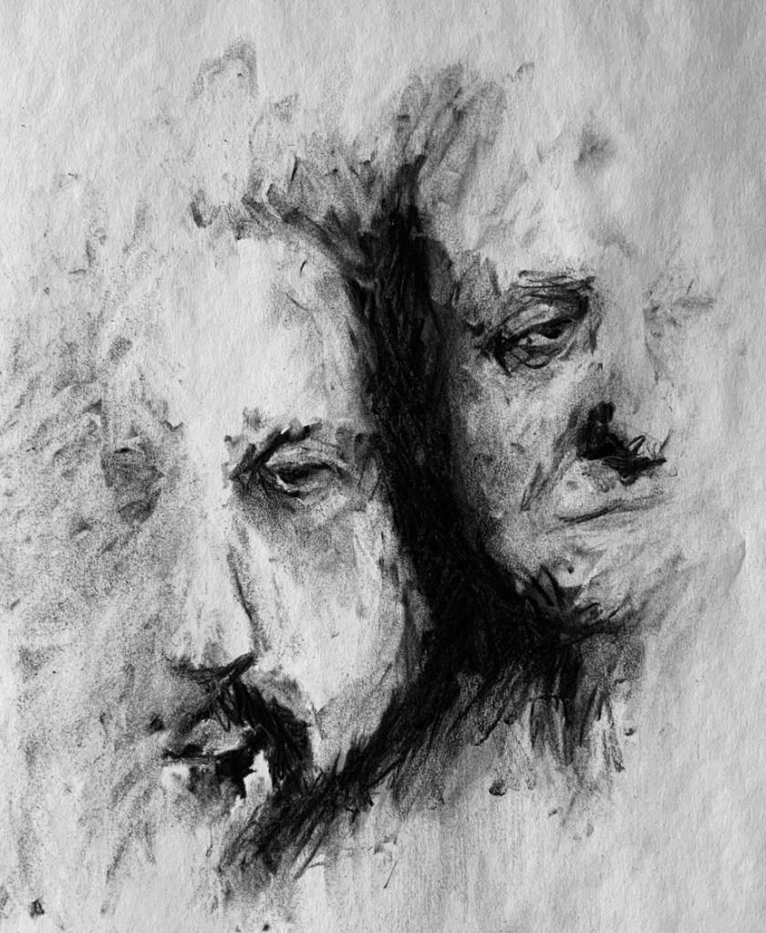 Charcoal drawing of two older, male faces looking at the viewer. They are attatched at the cheek.