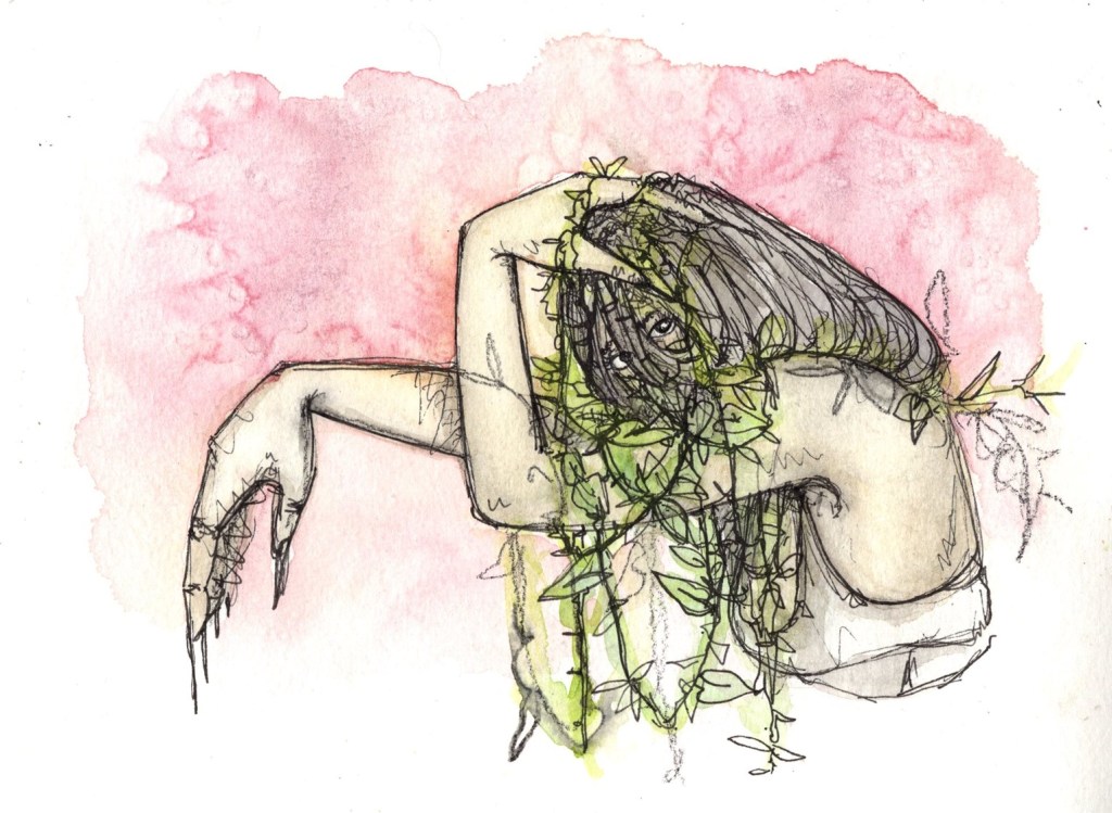 A lightly painted line drawing of a light-skinned woman covering her face with her hair and hand. Vines cover her arms.