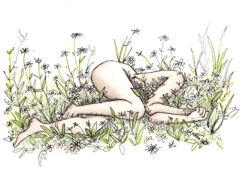 A line drawing of a white women lying hidden in flowers. The drawing is lightly colored in greens and pinks.