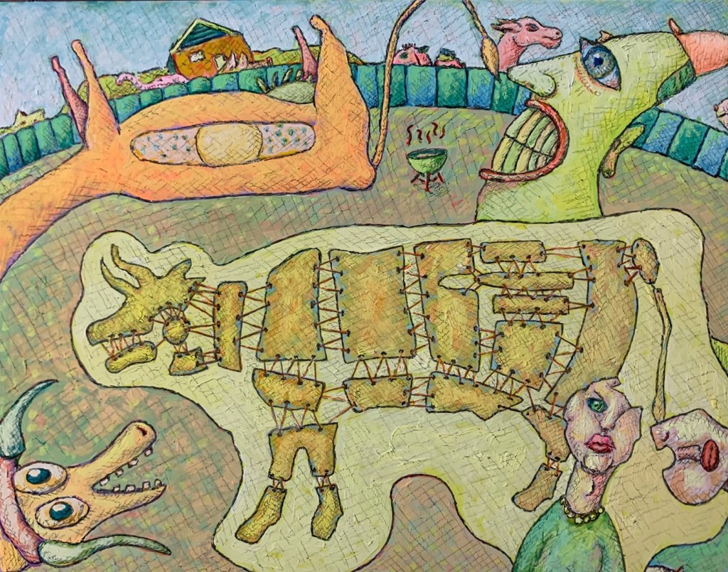 A surrealist painting of a cow skin stitched loosely together.