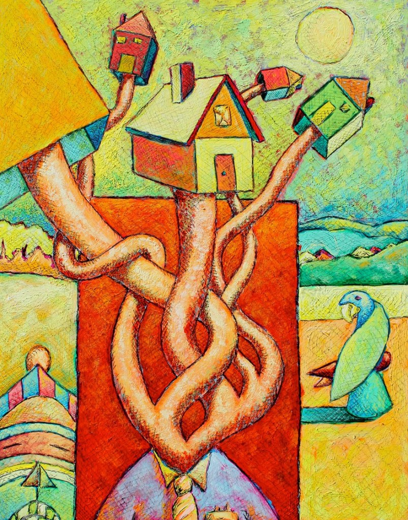 A textured, brightly colored surrealist painting of a man with houses sprouting from his head.