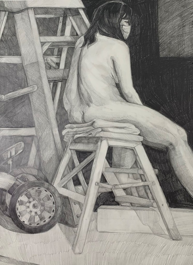 A graphite figure drawing of a nude, light-skinned woman sitting on a stool.