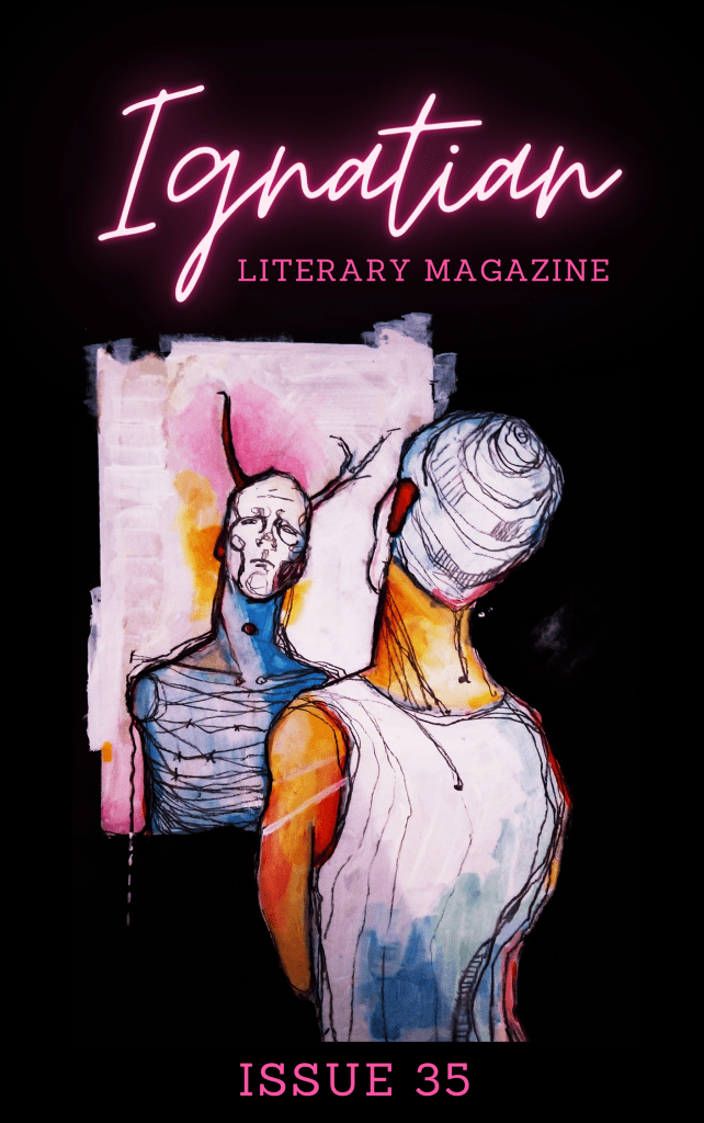 Ignatian Literary Magazine Issue 35.

A painting of a man standing looking in the mirror. He has antlers and a sad expression in his reflection.