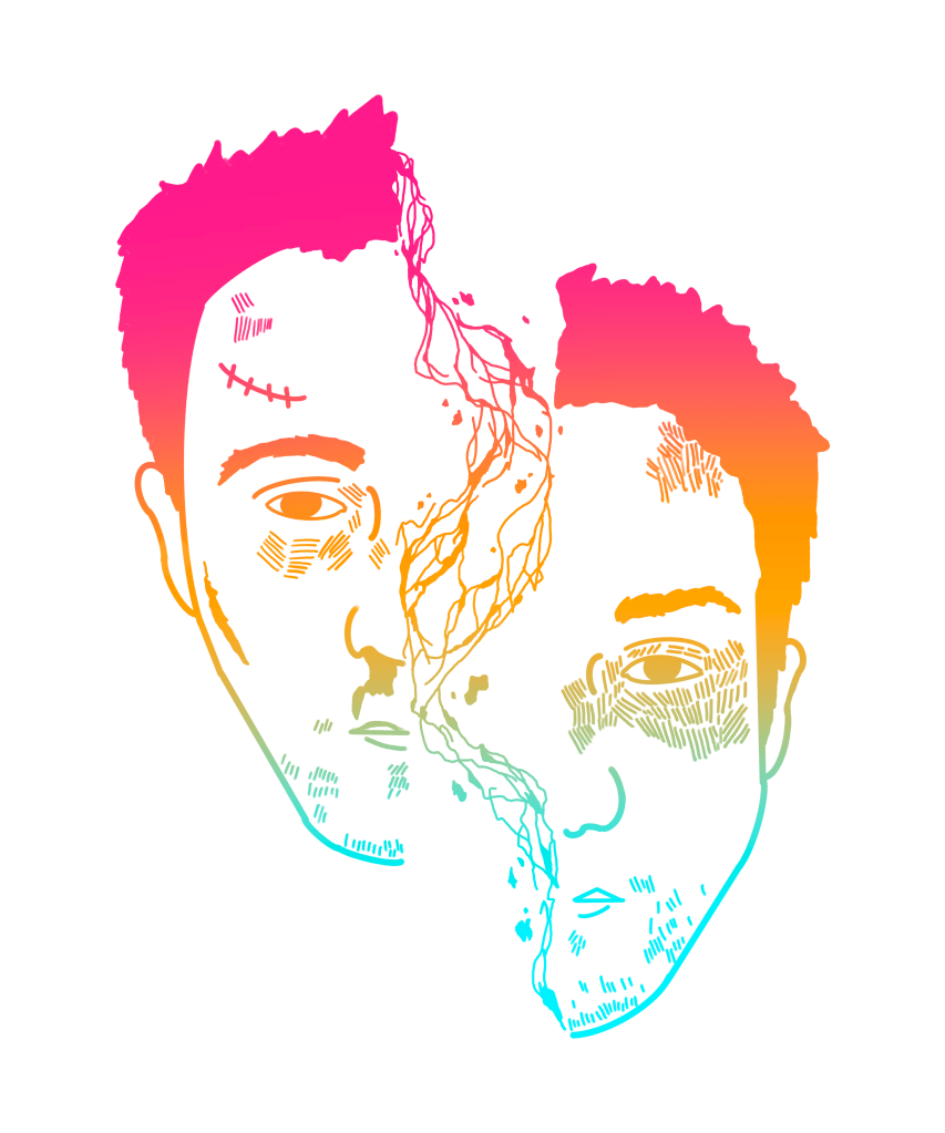 A multicolored man's head that has been separated in half and are barely connected to each other.