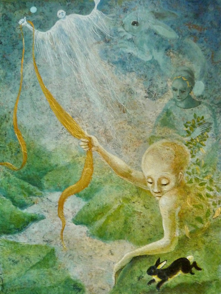 An art piece in blue and green featuring a baby holding onto a ribbon that a spirit holds the other end of.