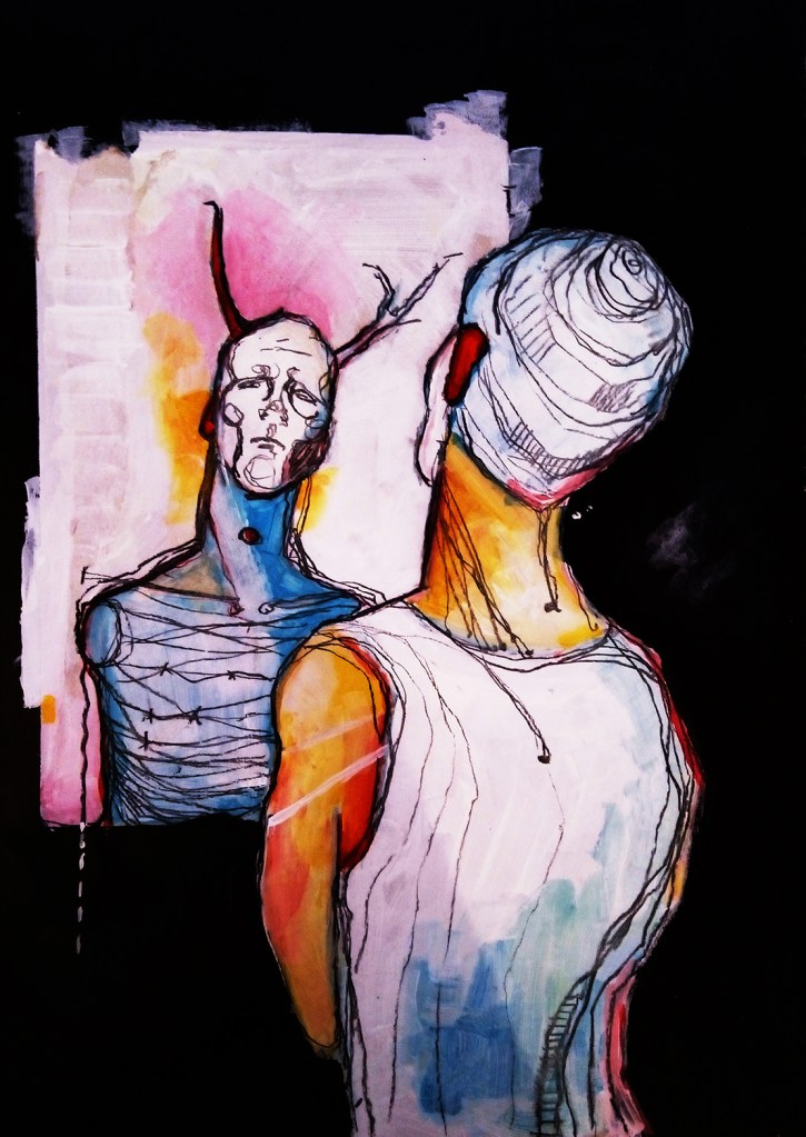 A man staring at a reflection of himself that appears differently than his reality. Set in a dark black background using white, blue, orange, and pink colors.