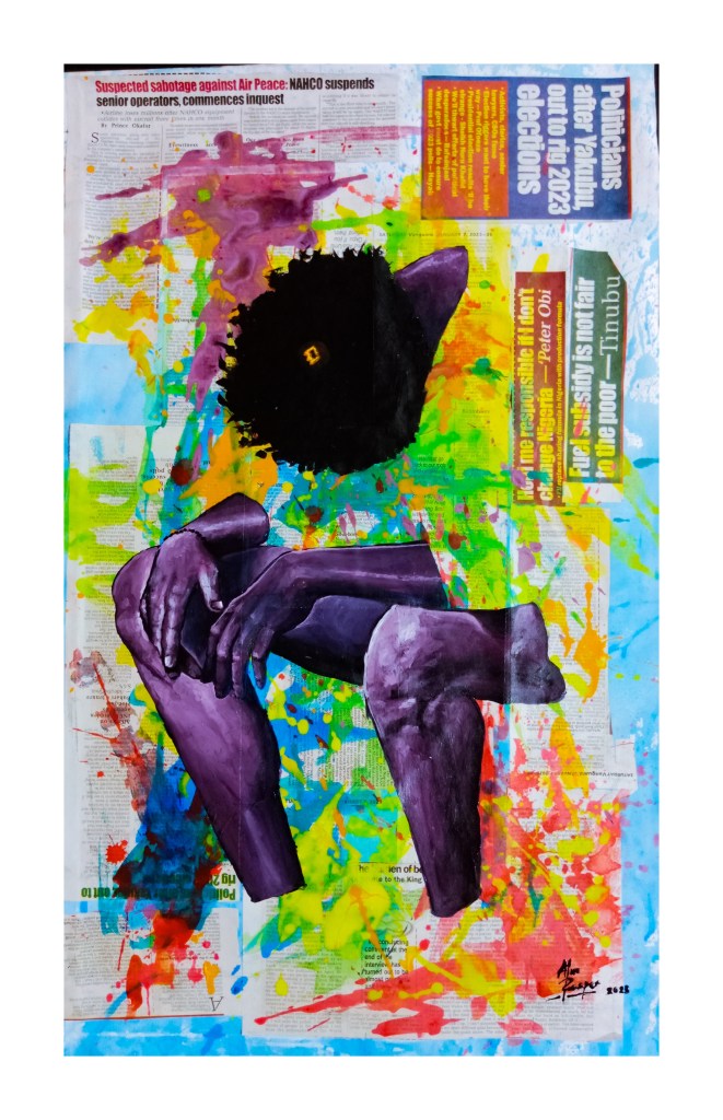 Depiction of an individual with their head down and arms resting on their knees. Background is a newspaper with splashes of color.