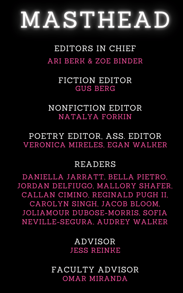 Our Spring 2023 Masthead written in white and pink on a black background.