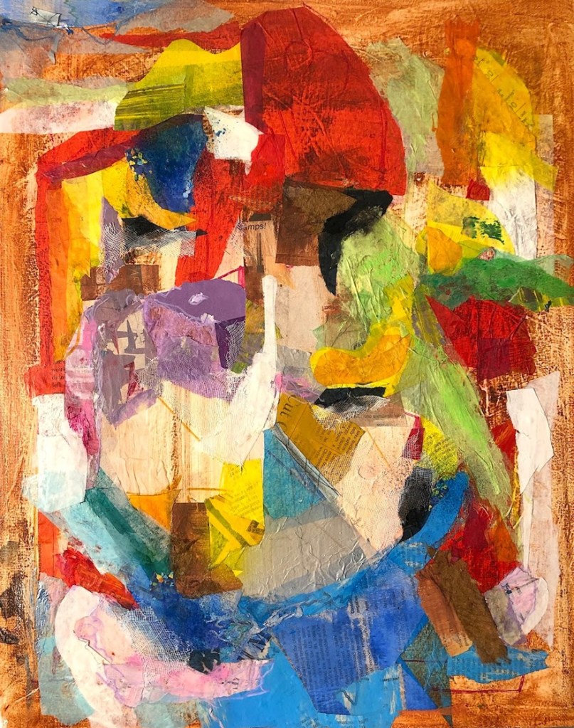 A colorful collage of pieces of newspaper and colored paper.