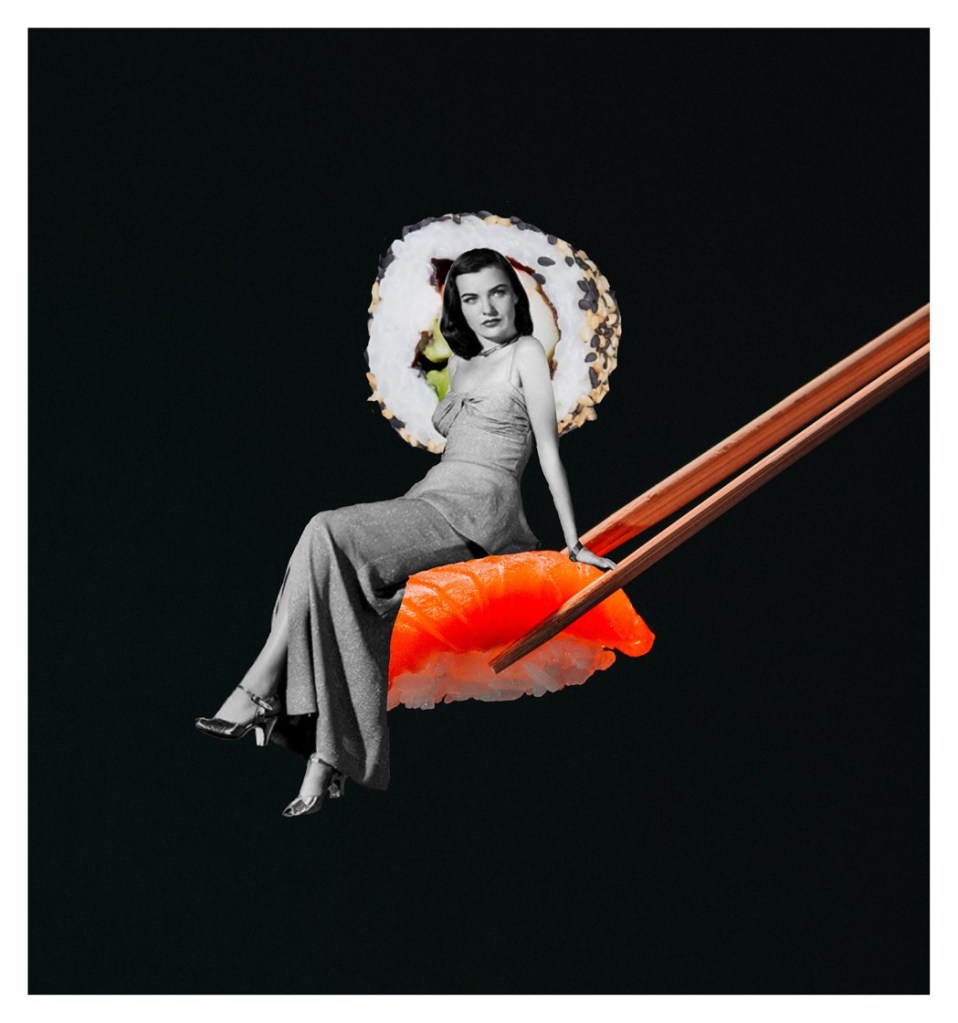 A photo composition of a woman sitting on a piece of sushi held by chopsticks. A sushi roll is behind her head as the moon.