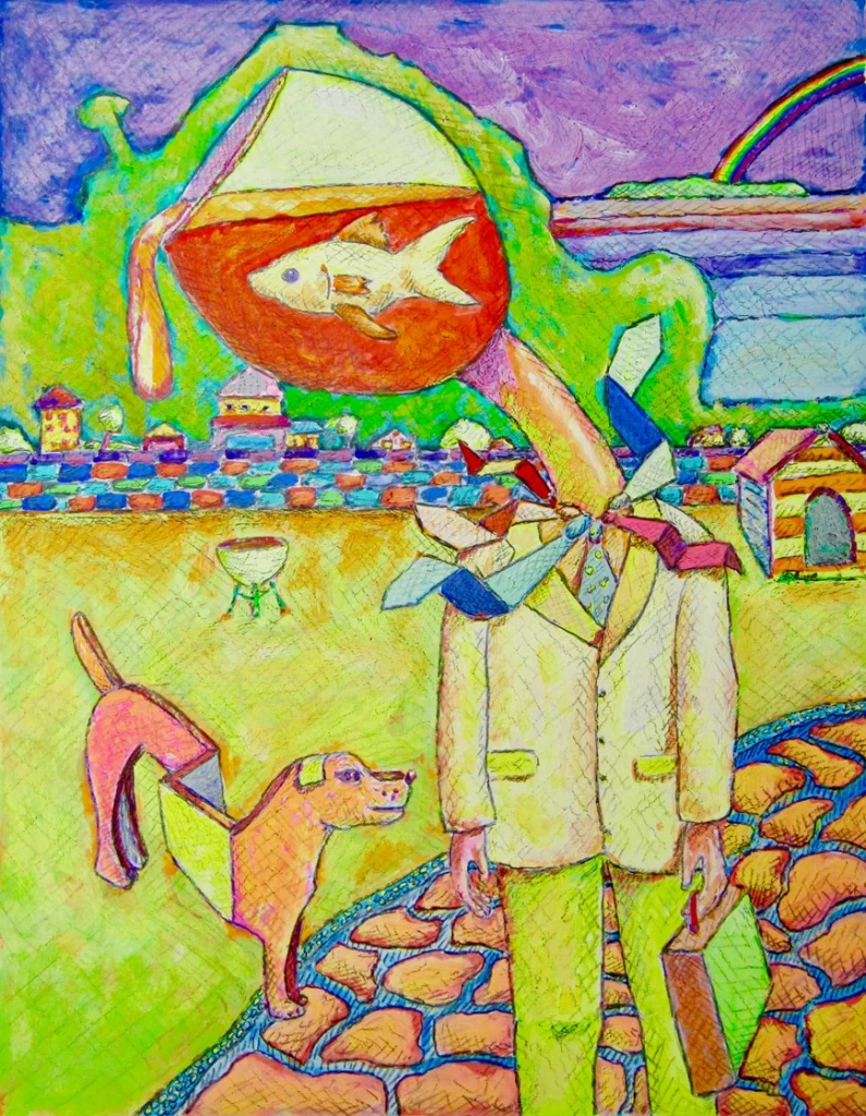 A man with a large glass coming out of where his head should be containing a fish. There is also a dog to the left of him, an orange and yellow house in the back right, and a rainbow just beyond that.