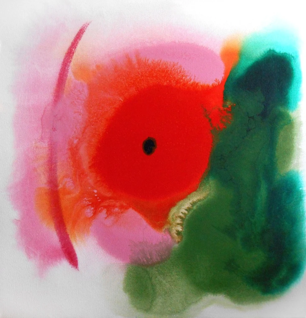An abstract artwork in pink and green splotches with a black dot in the middle.